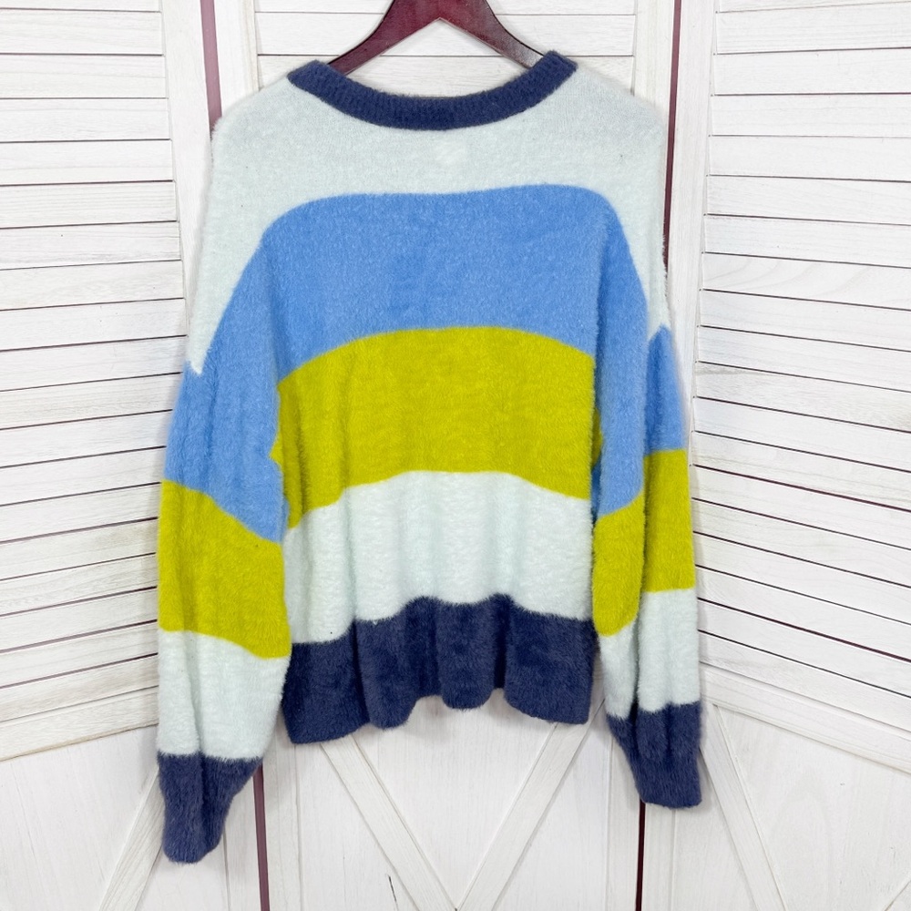 Aerie Flurry Rugby Stripes Fuzzy Oversized Crew Neck Sweater Blue Green‎ Medium - Picture 11 of 15